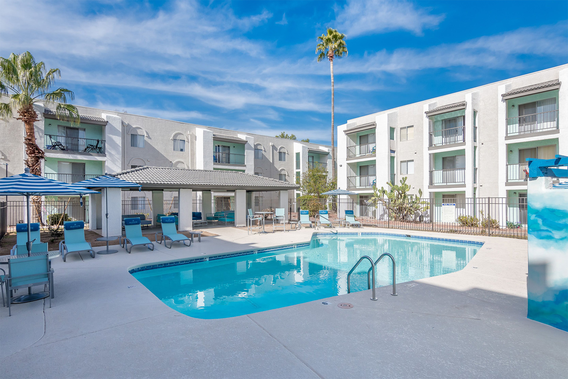 The pool area of Elevate, a 144-unit apartment property located in Tucson, Arizona