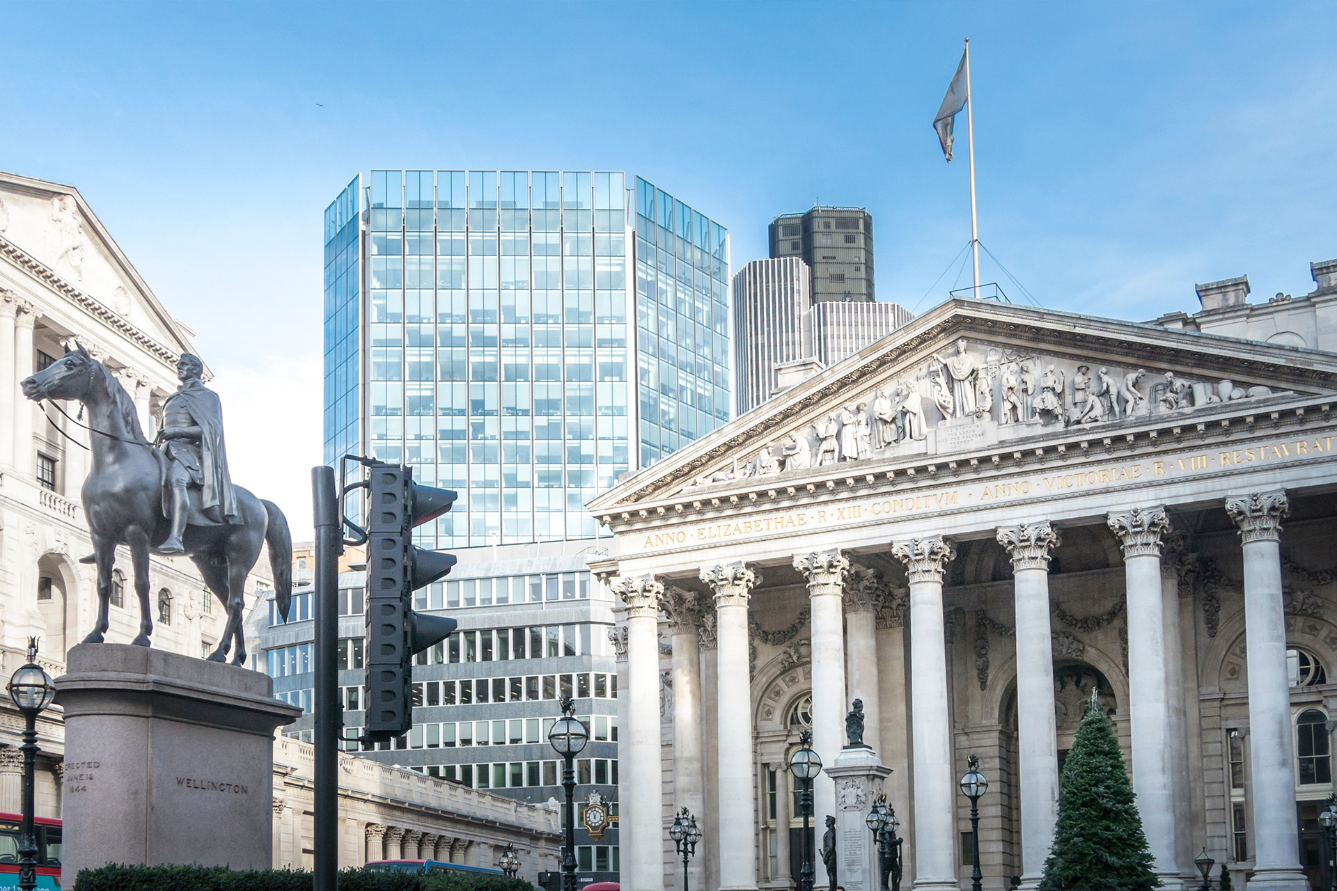 Duke of Wellington statue and historic banks and other buildings in London